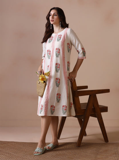 Off-White Floral Block Print A-Line Cotton Midi Dress with Pockets