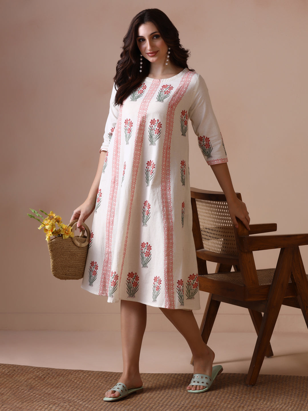 Off-White Floral Block Print A-Line Cotton Midi Dress with Pockets