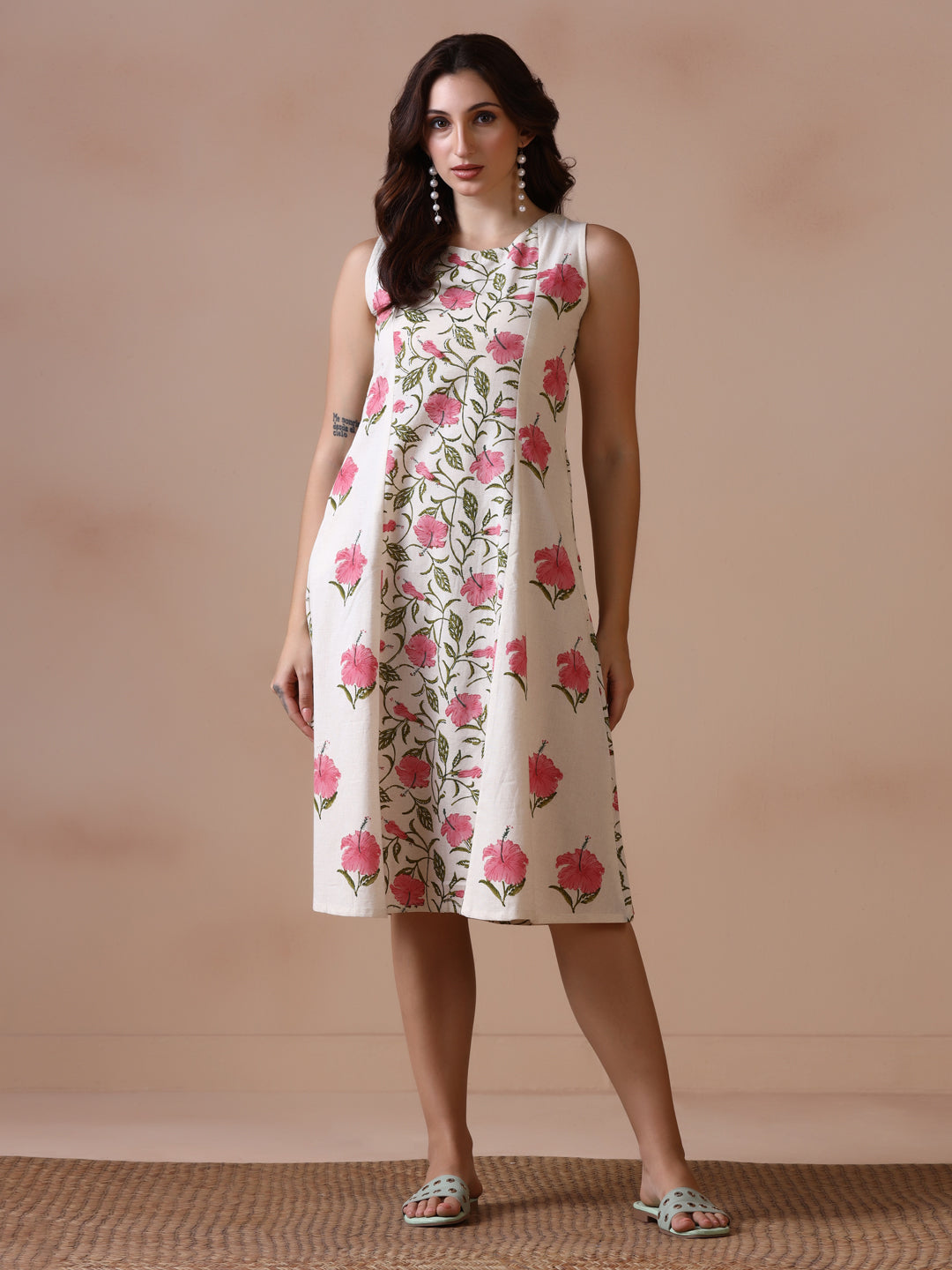 Pink Mandaar Floral Handblock Print Sleeveless Cotton Dress