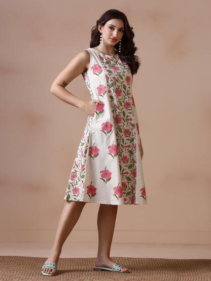 Pink Mandaar Floral Handblock Print Sleeveless Cotton Dress