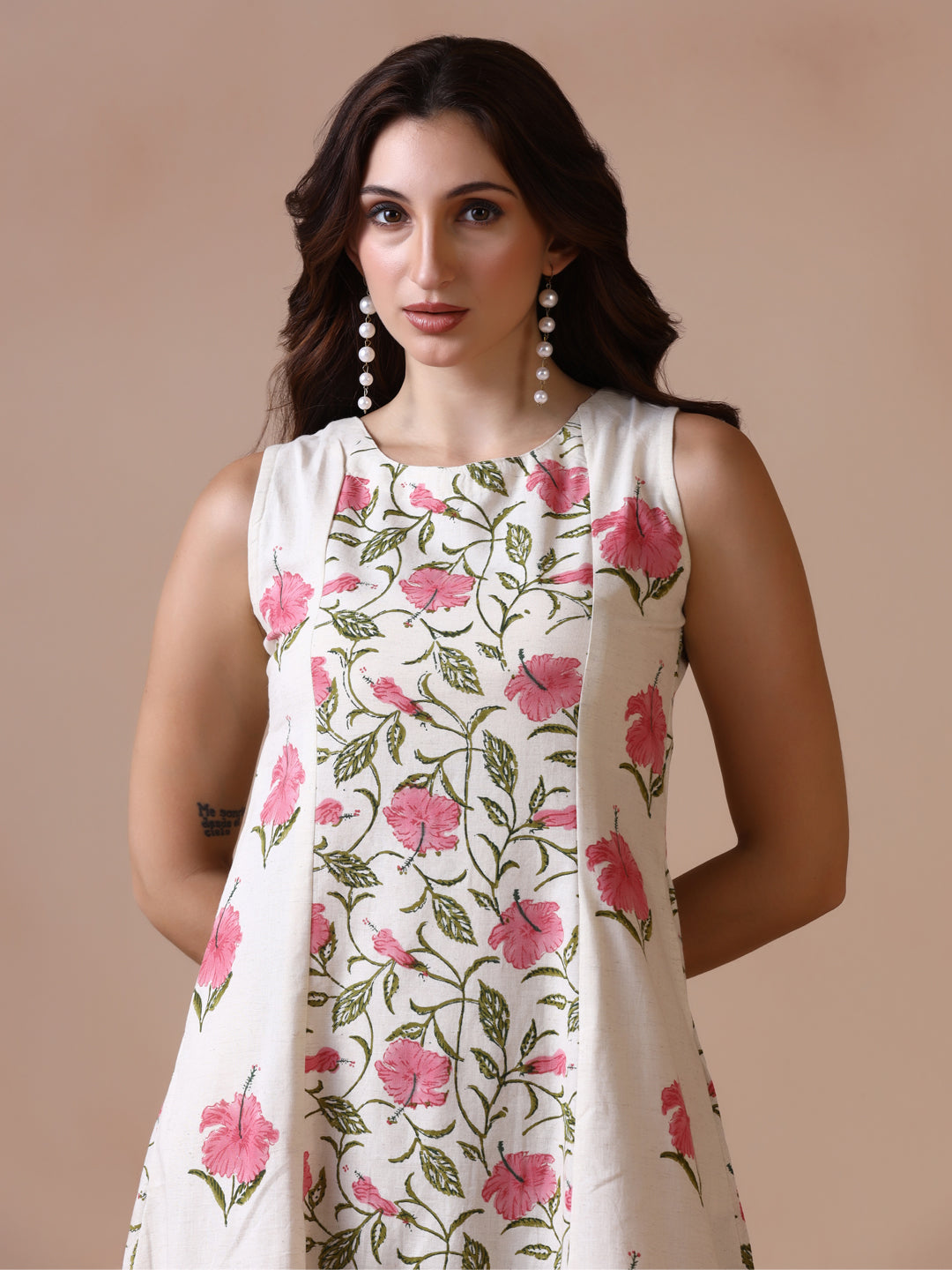 Pink Mandaar Floral Handblock Print Sleeveless Cotton Dress
