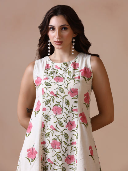 Pink Mandaar Floral Handblock Print Sleeveless Cotton Dress