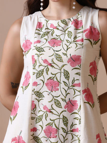 Pink Mandaar Floral Handblock Print Sleeveless Cotton Dress