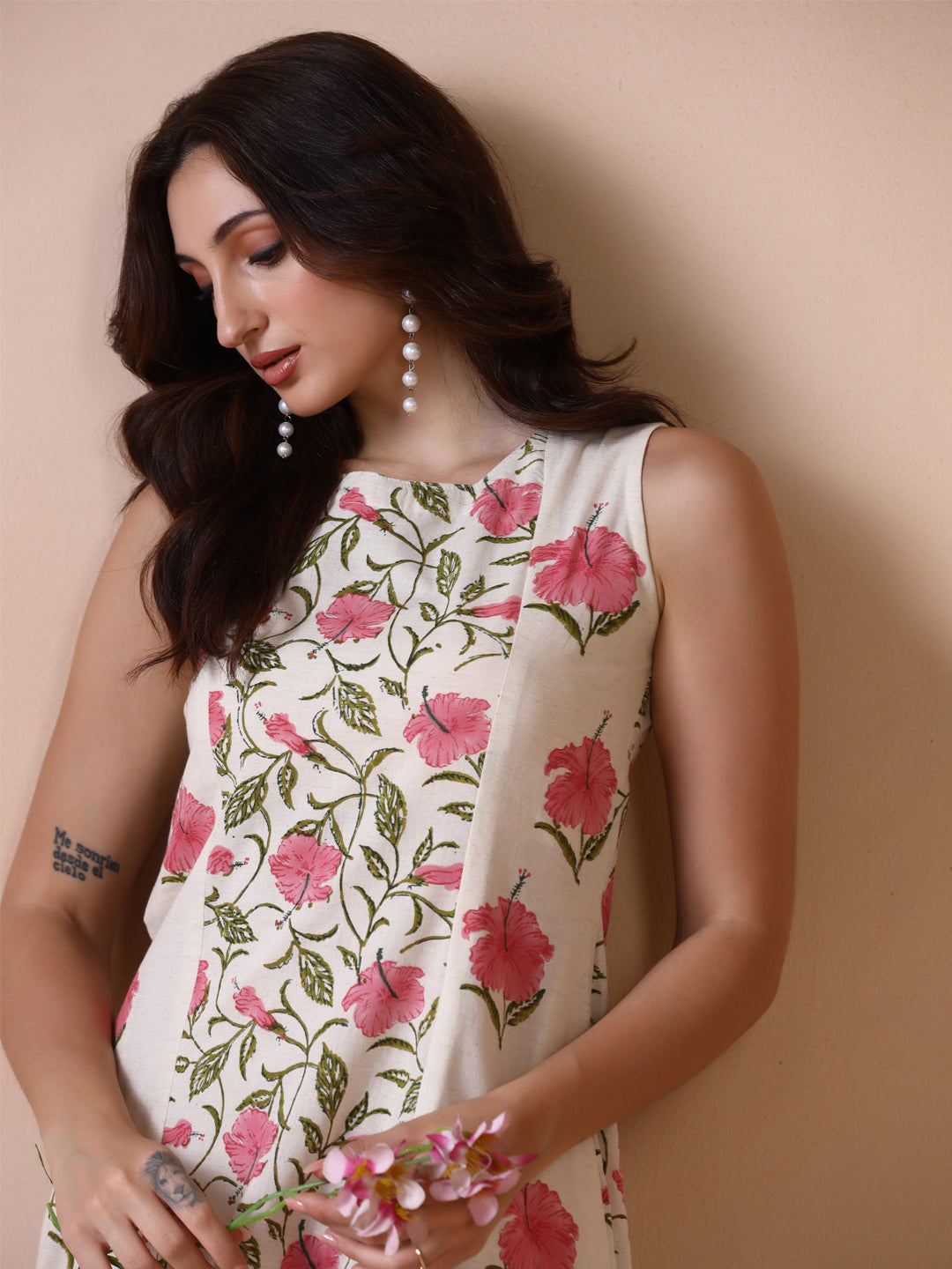 Pink Mandaar Floral Handblock Print Sleeveless Cotton Dress