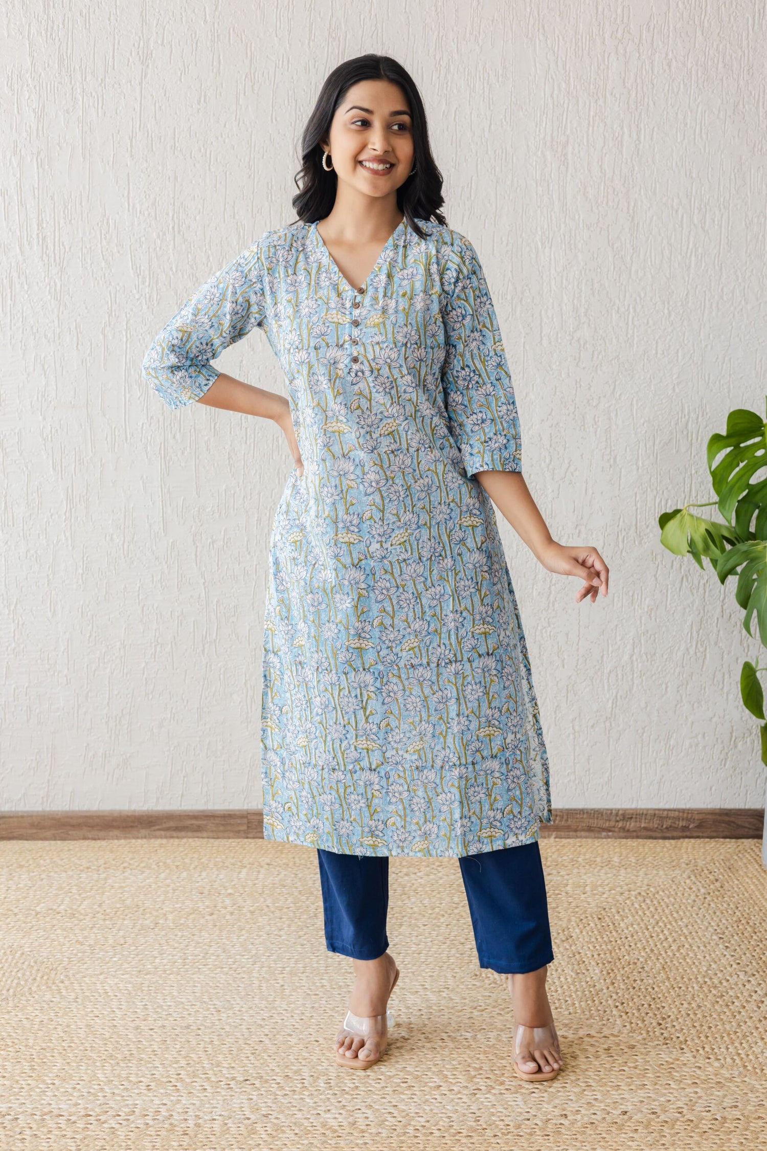 Blue Lotus Jaal Hand Block Printed Straight Kurta