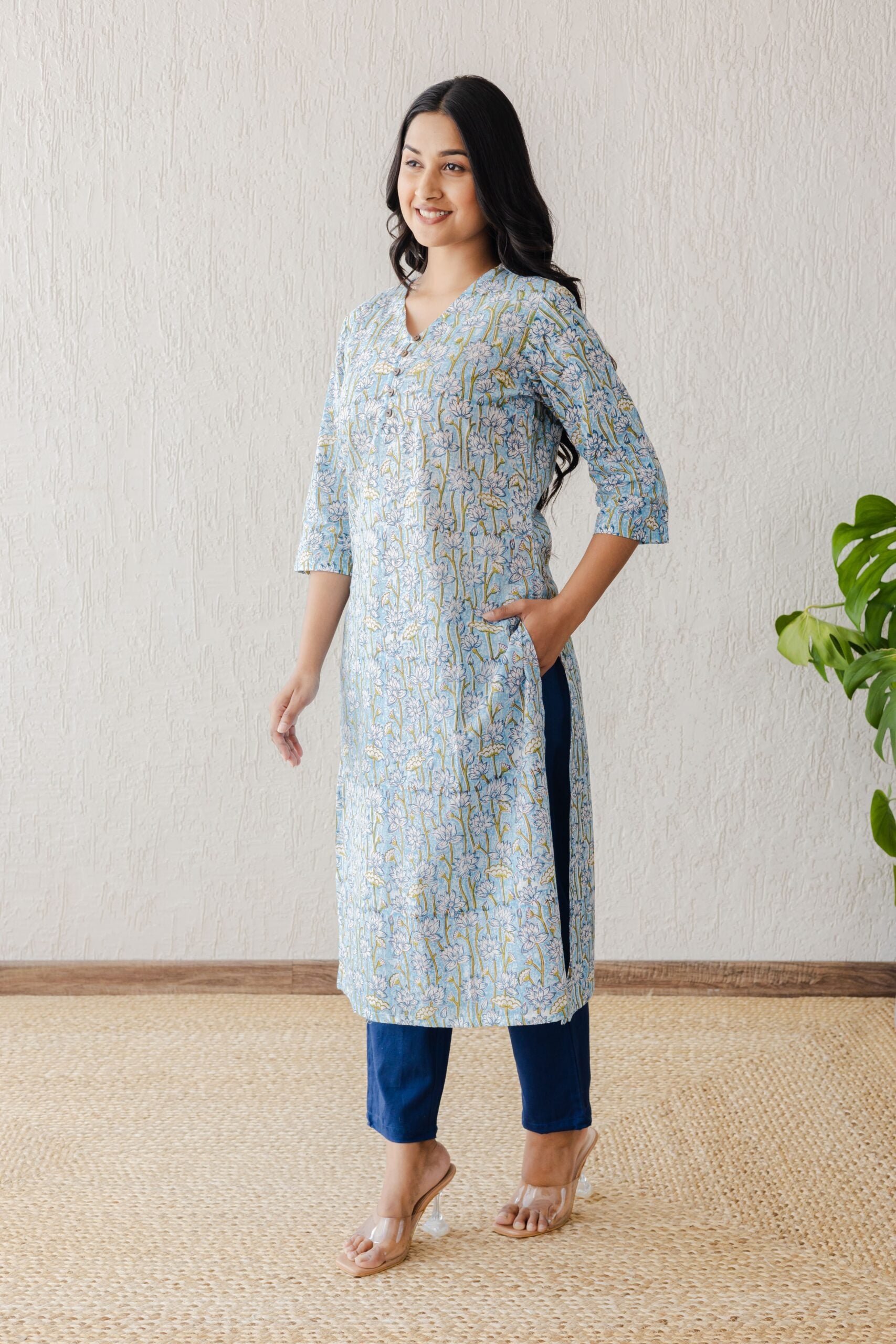 Blue Lotus Jaal Hand Block Printed Straight Kurta