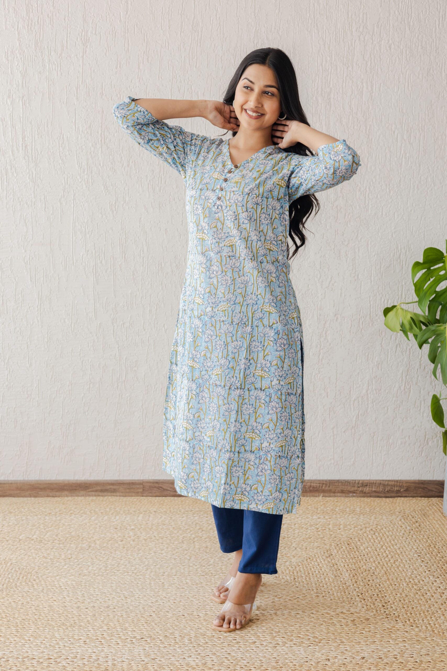 Blue Lotus Jaal Hand Block Printed Straight Kurta