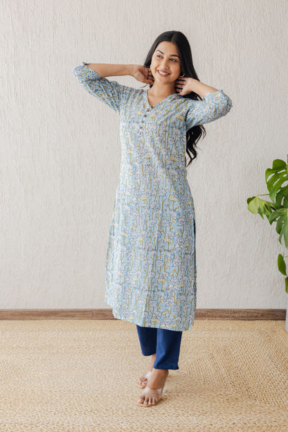 Blue Lotus Jaal Hand Block Printed Straight Kurta