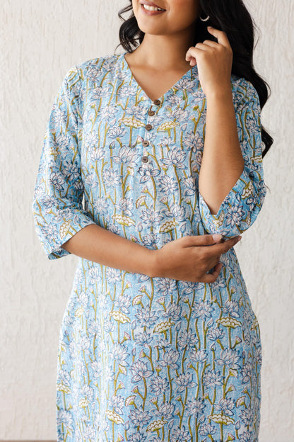 Blue Lotus Jaal Hand Block Printed Straight Kurta