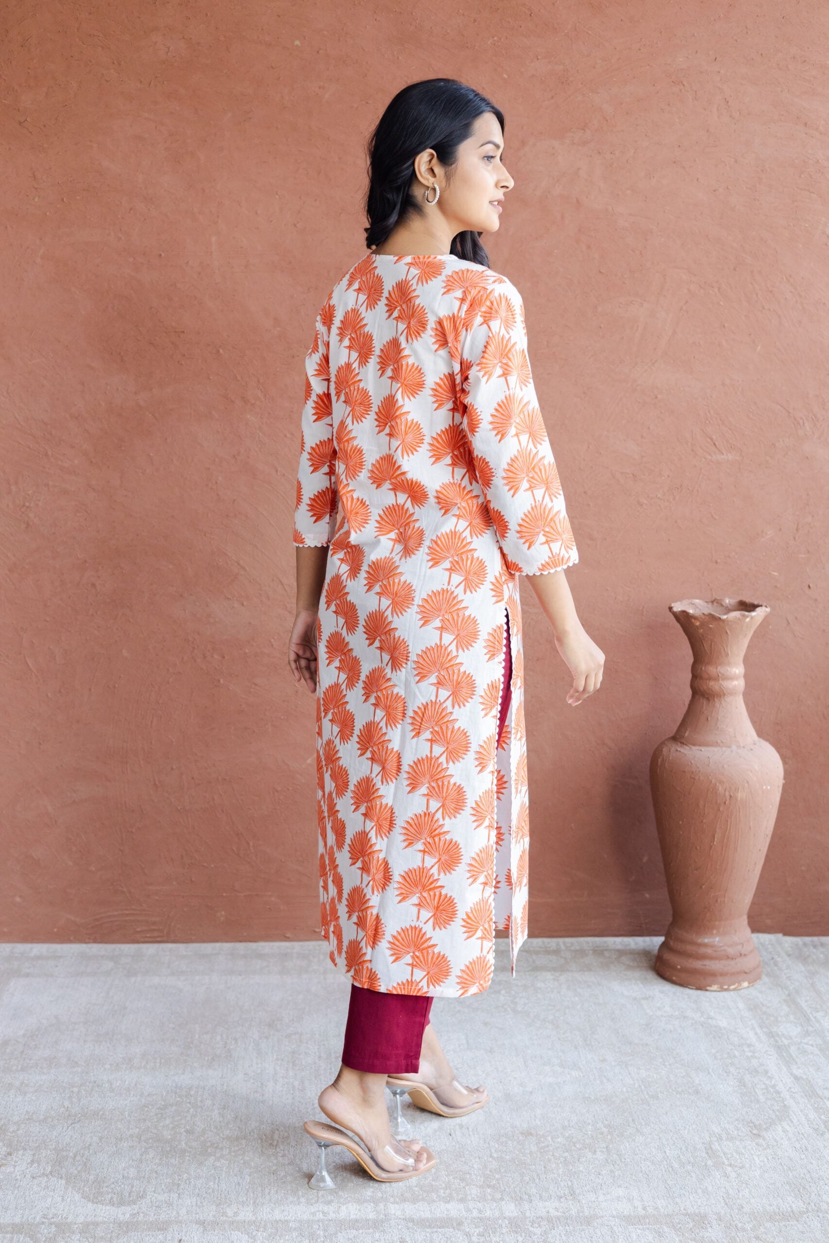 Orange Palm Leaf Hand Block Printed Straight Kurta