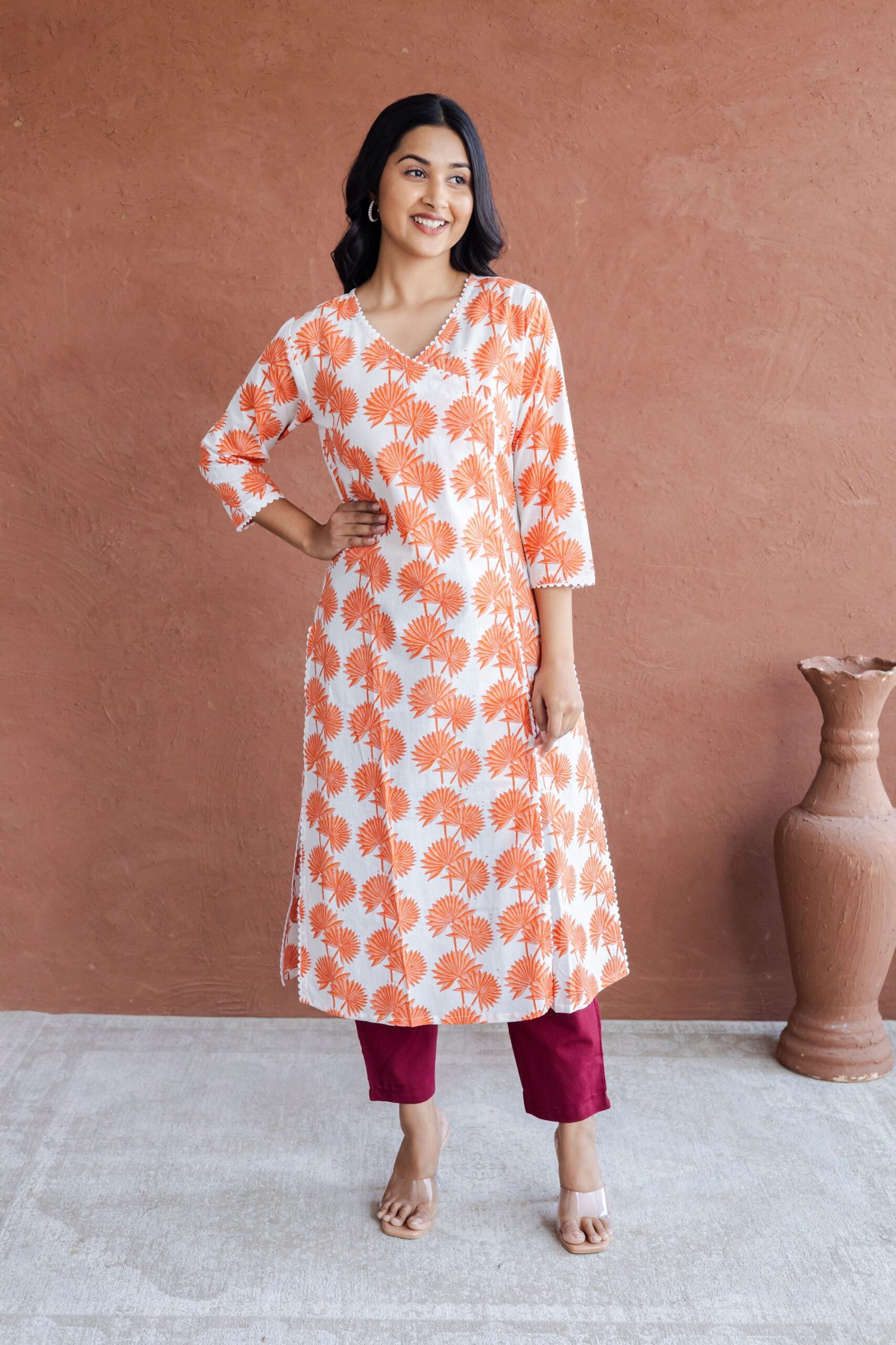 Orange Palm Leaf Hand Block Printed Straight Kurta