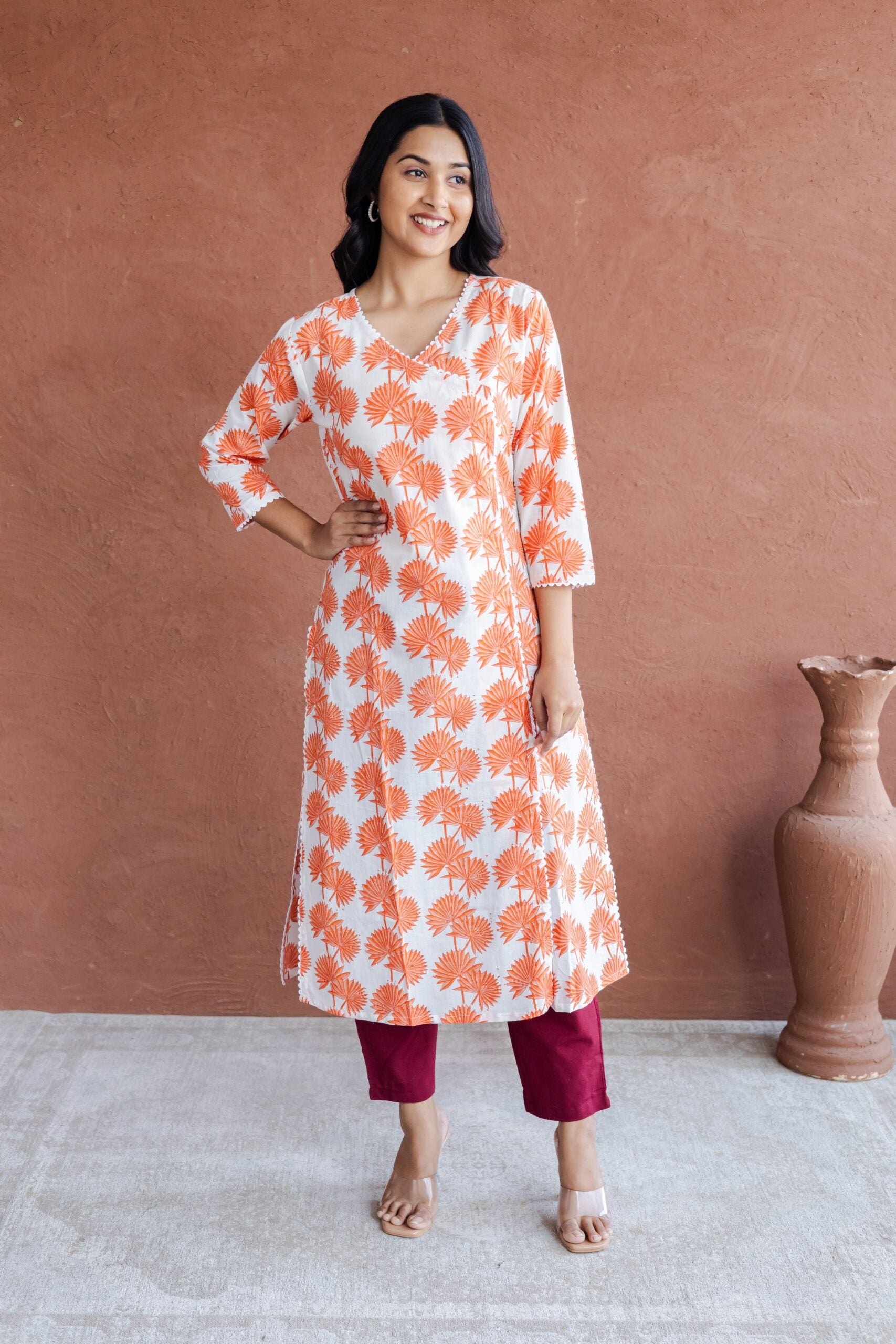 Orange Palm Leaf Hand Block Printed Straight Kurta