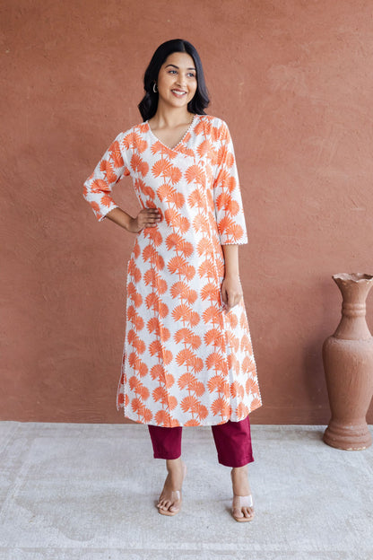 Orange Palm Leaf Hand Block Printed Straight Kurta