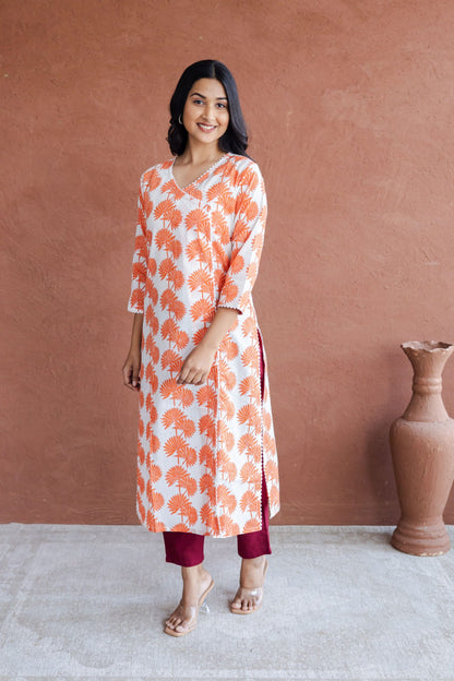 Orange Palm Leaf Hand Block Printed Straight Kurta