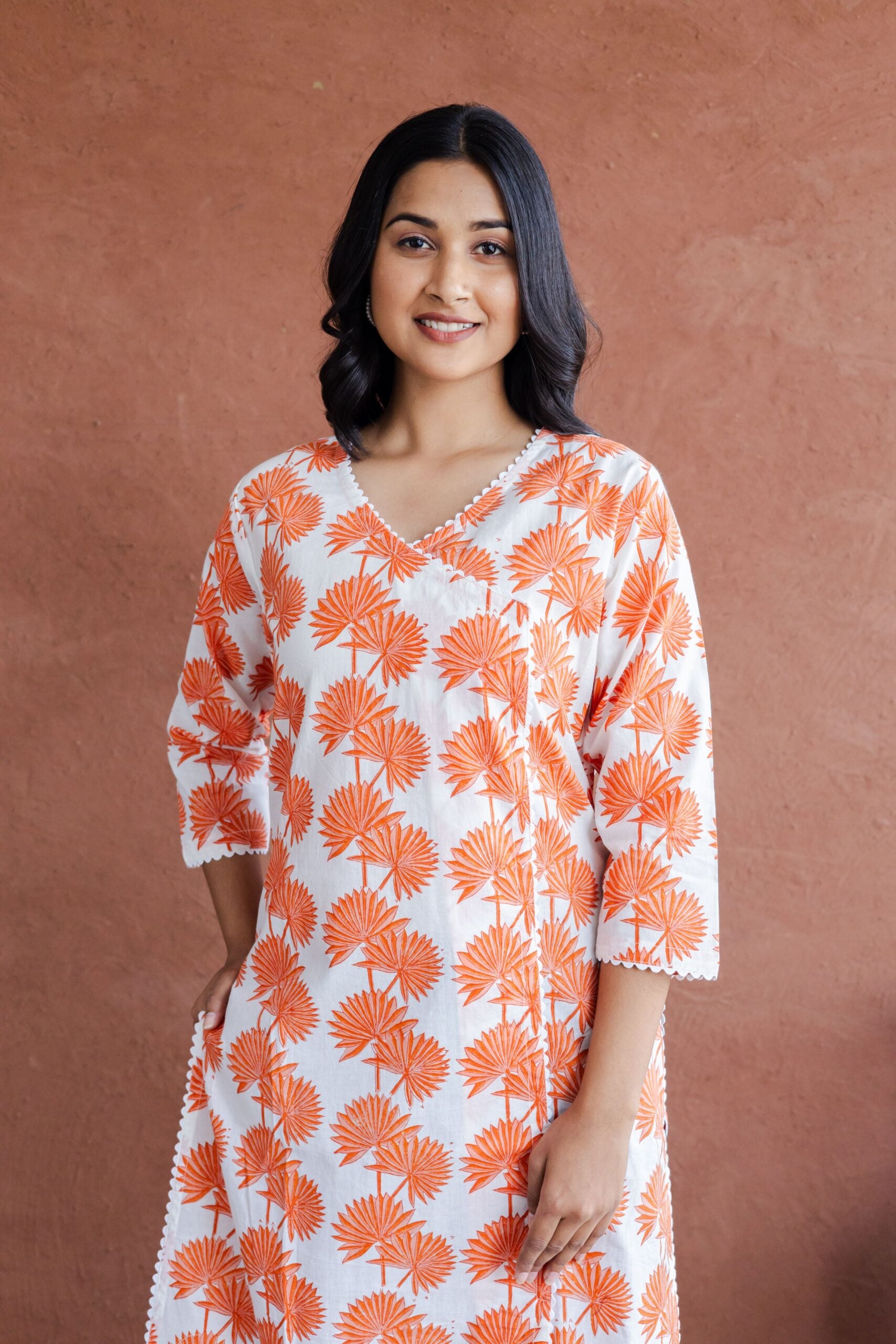 Orange Palm Leaf Hand Block Printed Straight Kurta