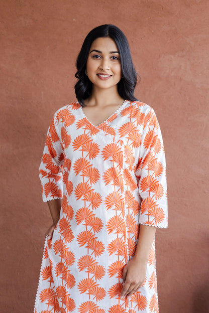 Orange Palm Leaf Hand Block Printed Straight Kurta