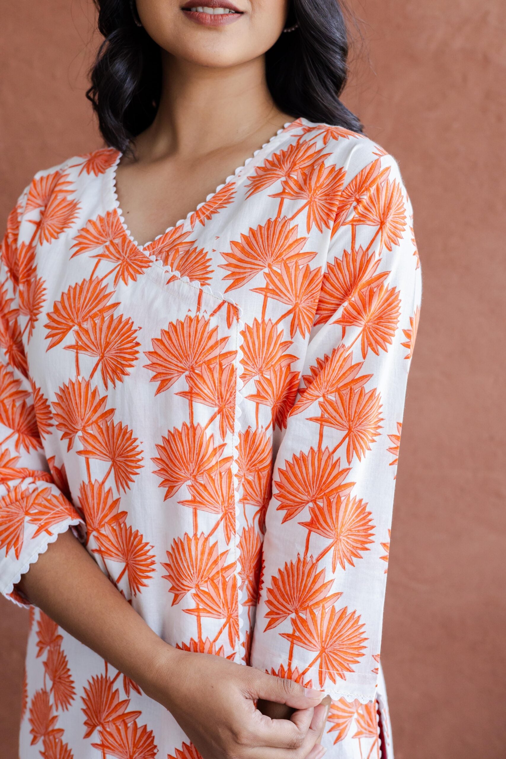 Orange Palm Leaf Hand Block Printed Straight Kurta