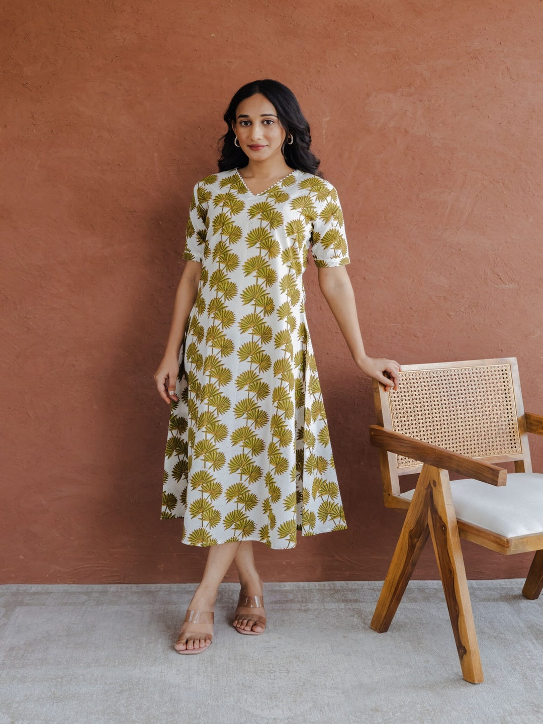 Olive Green Palm Leaf Jaal Hand Block Printed A line Kurta