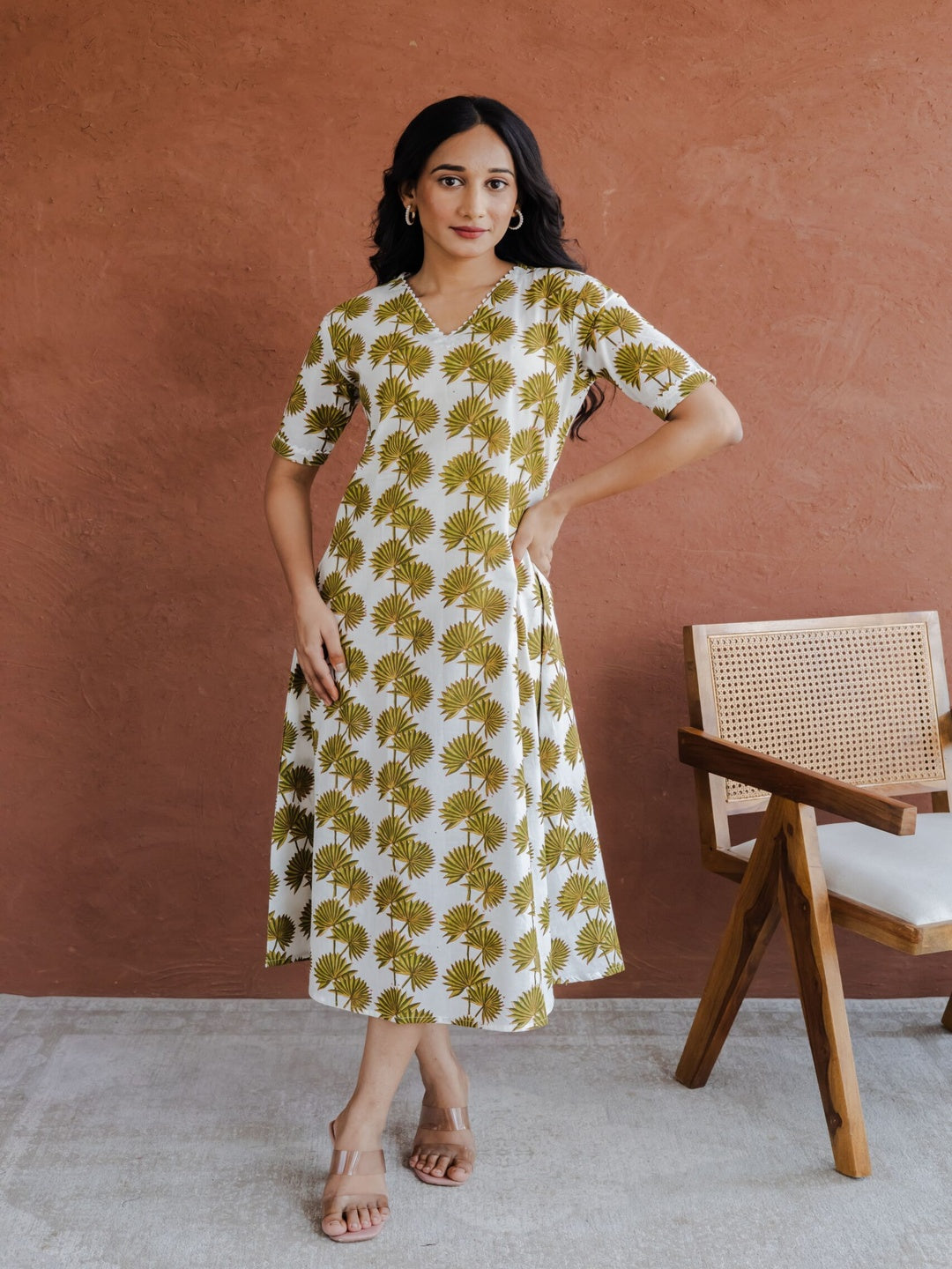 Olive Green Palm Leaf Jaal Hand Block Printed A line Kurta