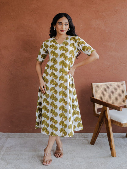Olive Green Palm Leaf Jaal Hand Block Printed A line Kurta