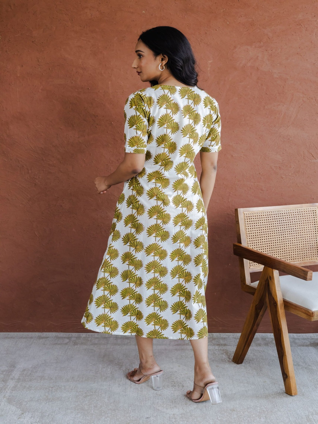 Olive Green Palm Leaf Jaal Hand Block Printed A line Kurta