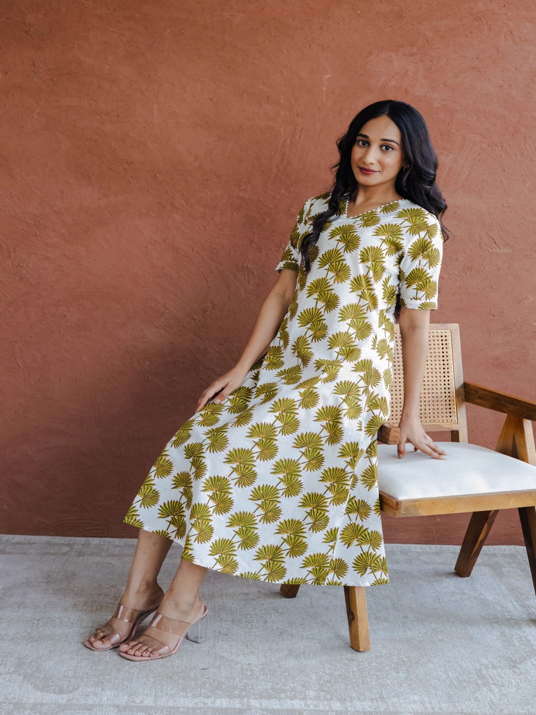 Olive Green Palm Leaf Jaal Hand Block Printed A line Kurta