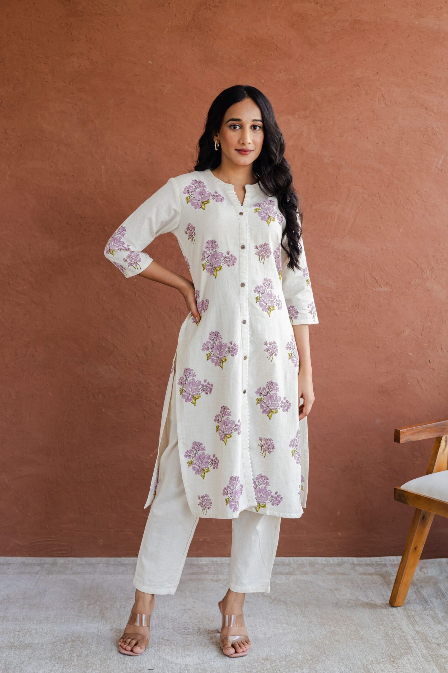 Lavender Butta Hand Block Printed Straight Kurta