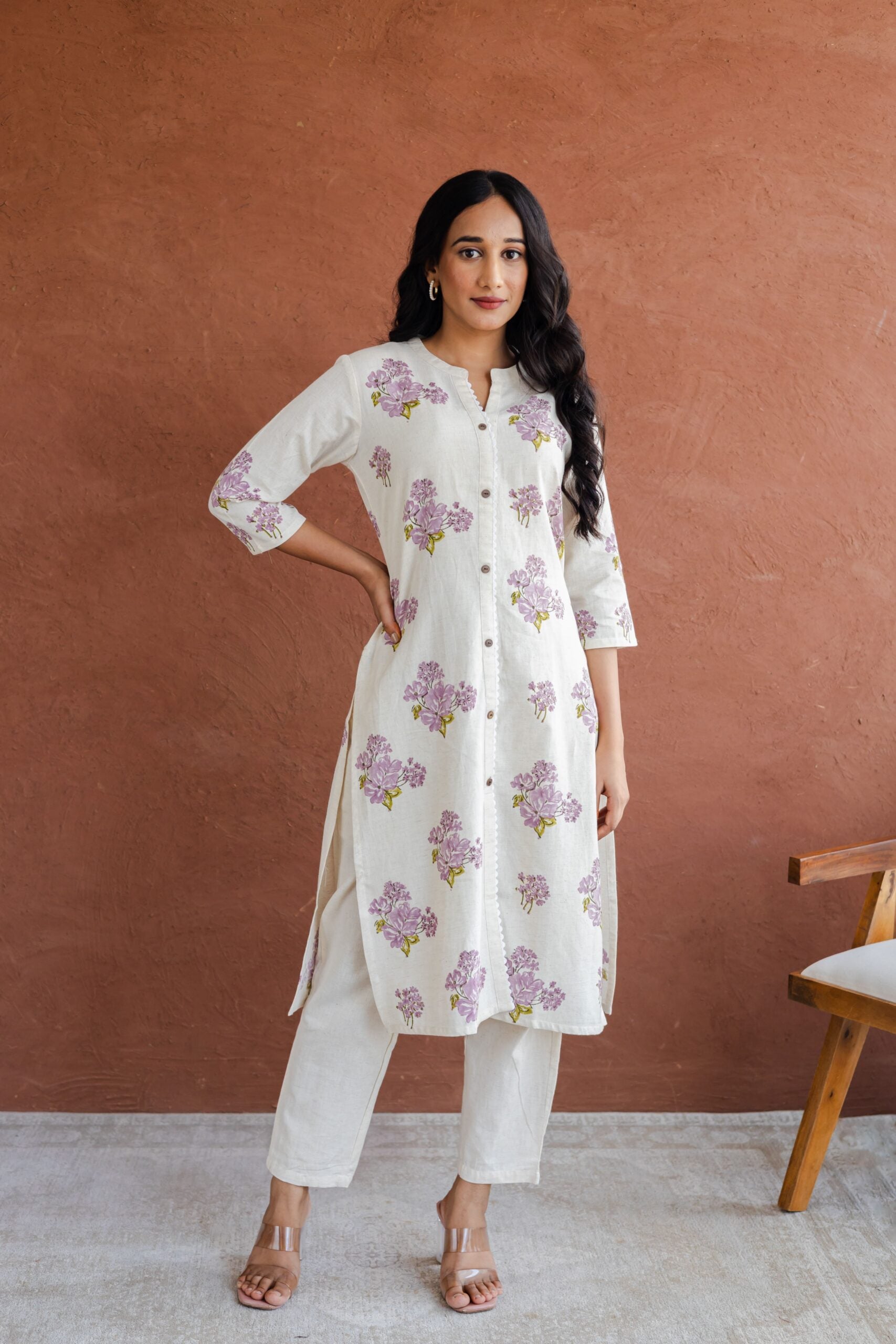 Lavender Butta Hand Block Printed Straight Kurta