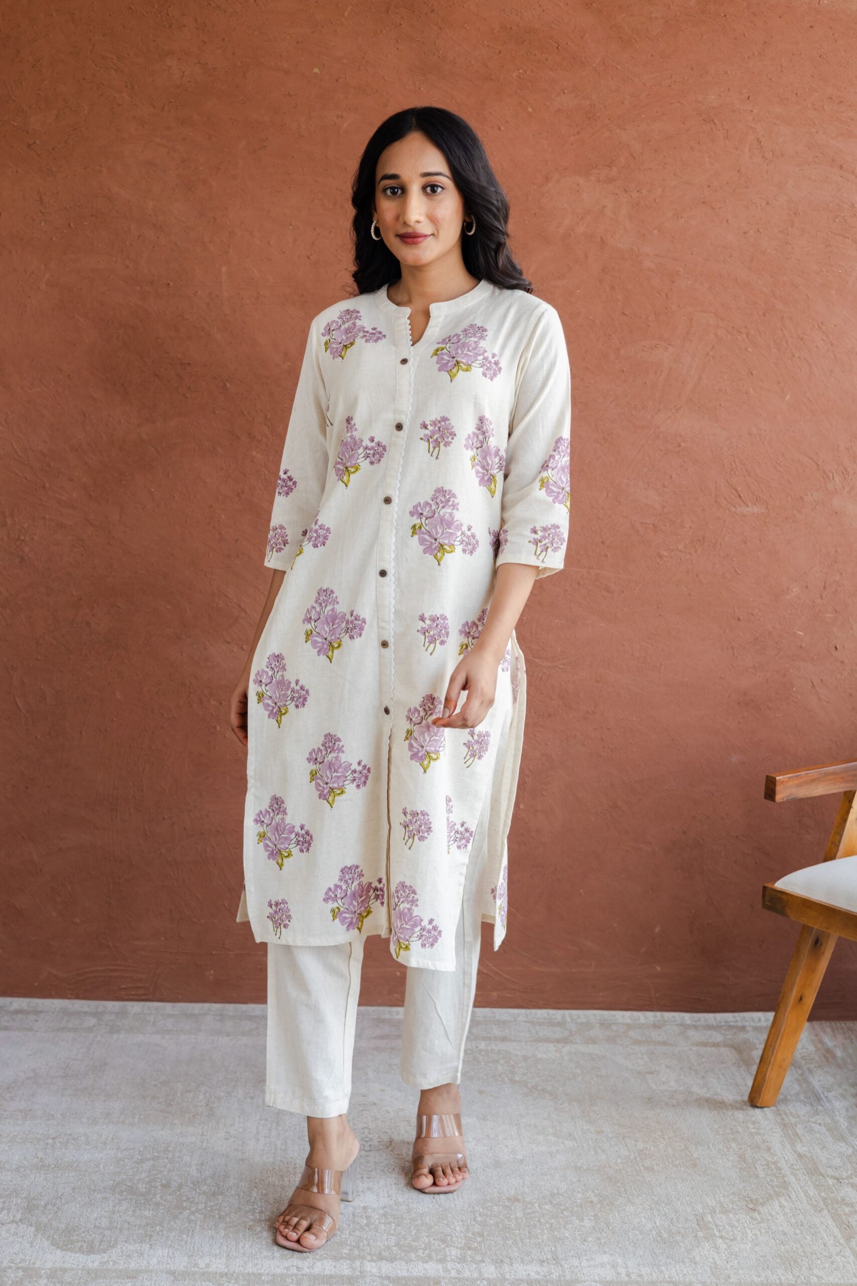 Lavender Butta Hand Block Printed Straight Kurta