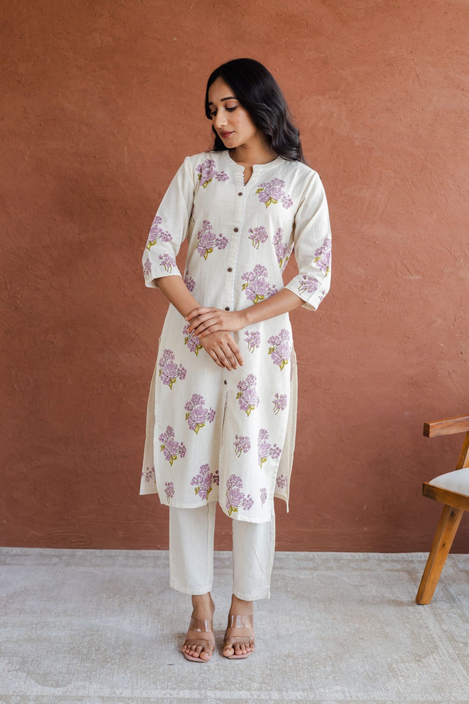 Lavender Butta Hand Block Printed Straight Kurta