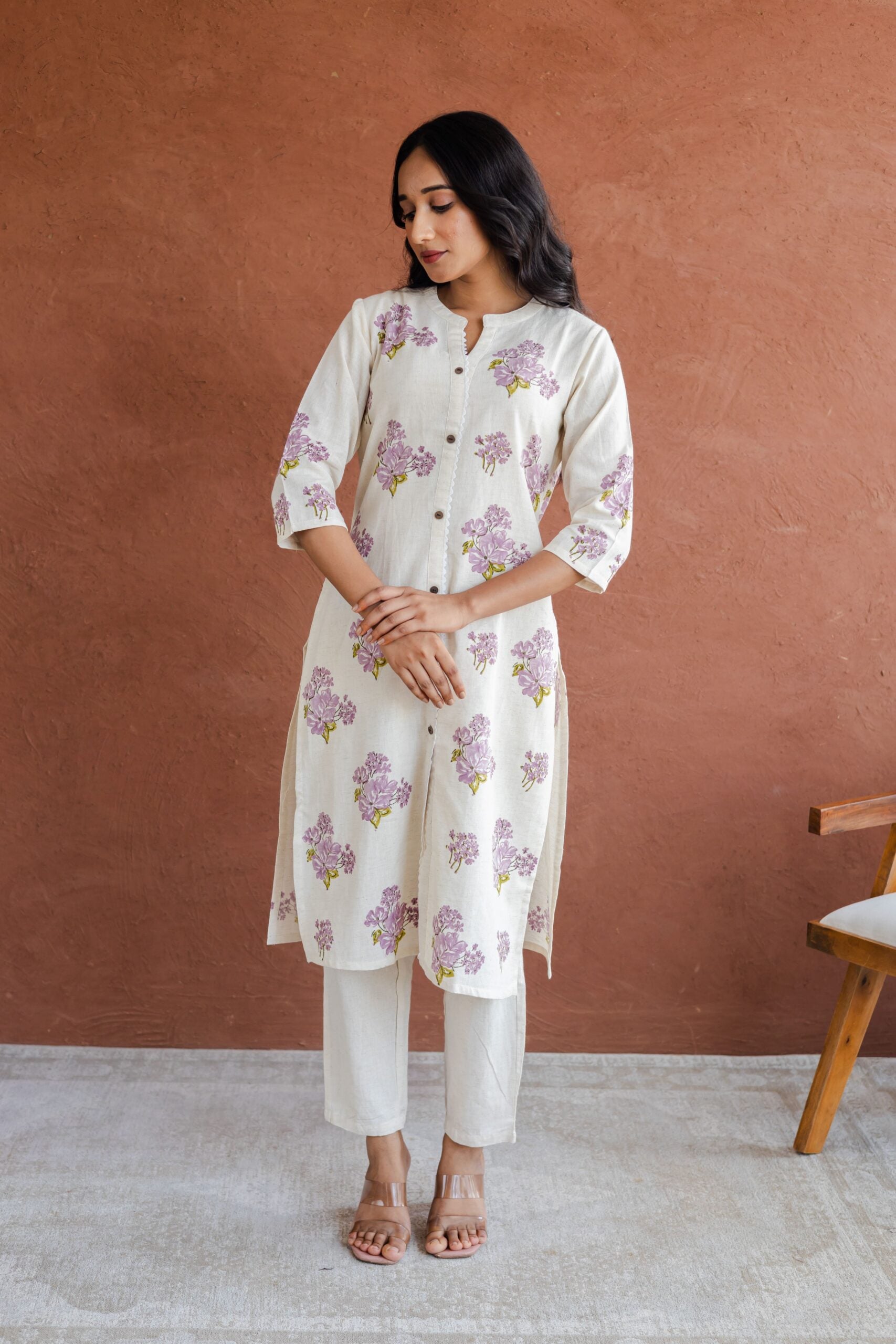 Lavender Butta Hand Block Printed Straight Kurta