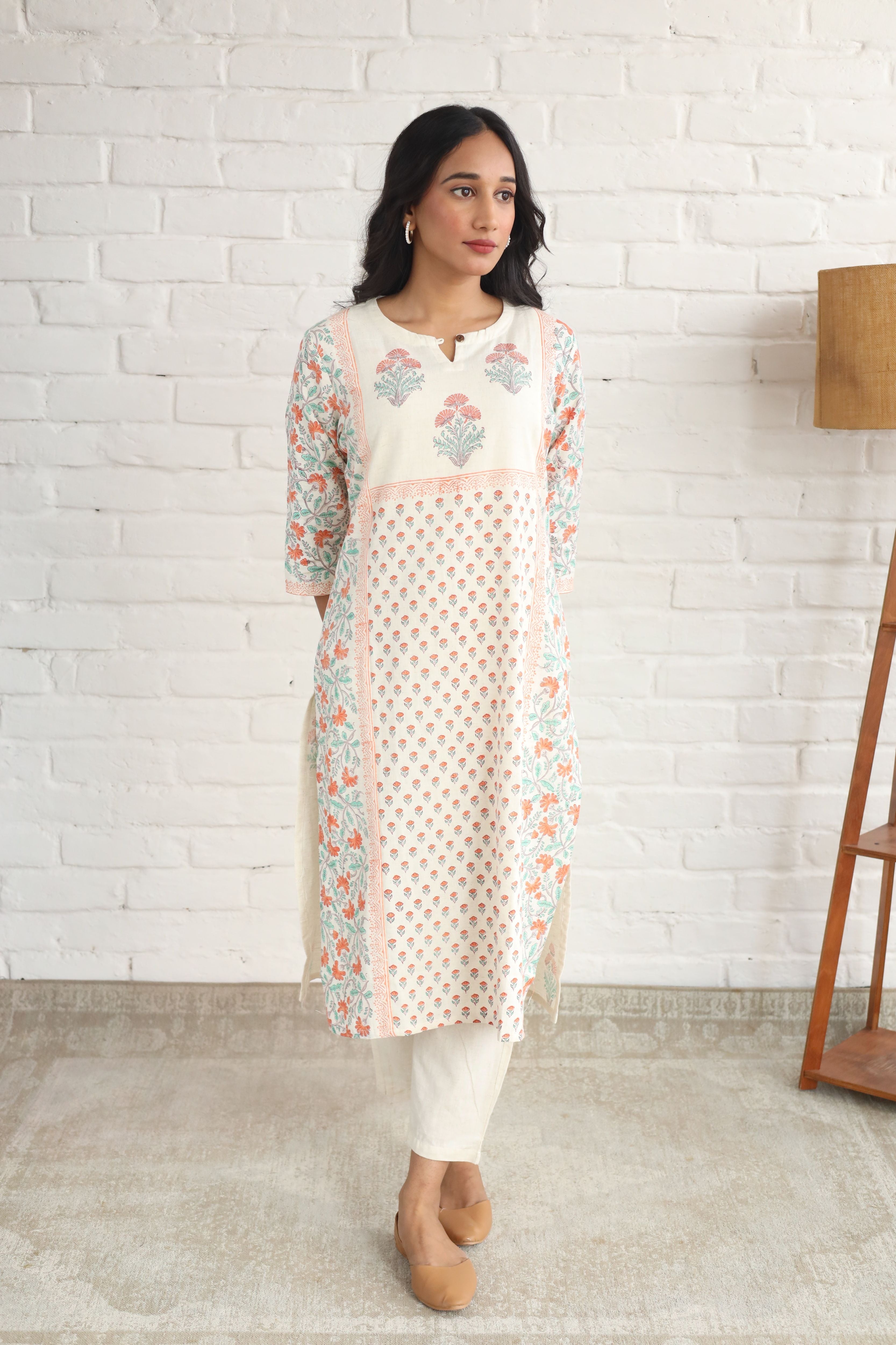 Three Butta placement Hand Block Printed Straight Kurta