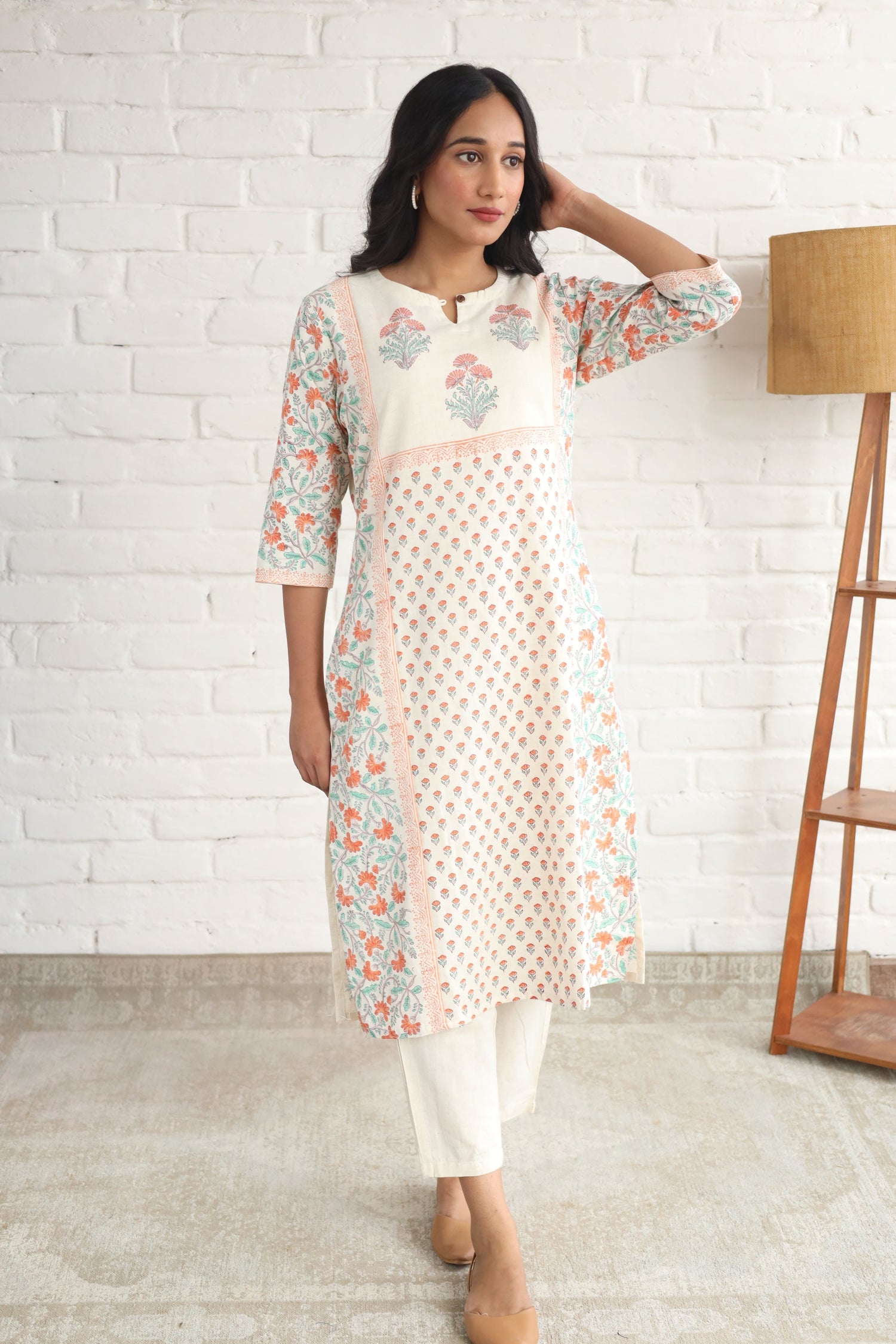 Three Butta placement Hand Block Printed Straight Kurta