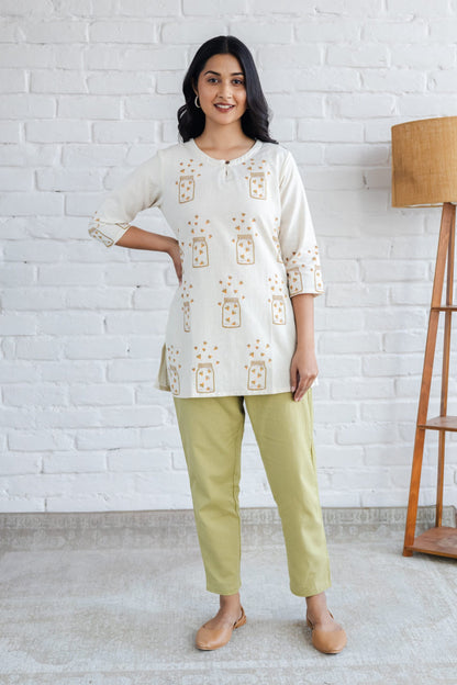 Honey Bee Cotton Hand Block Printed Short Kurti