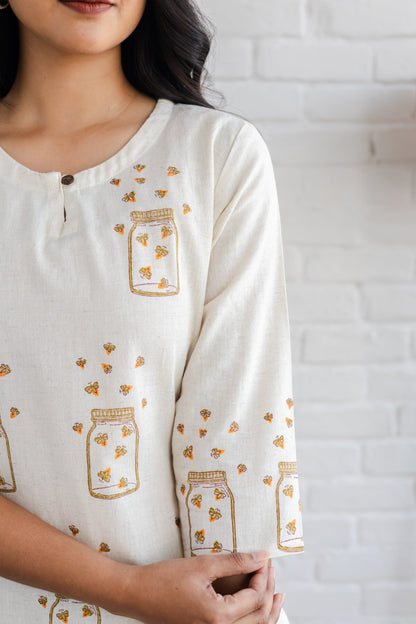 Honey Bee Cotton Hand Block Printed Short Kurti