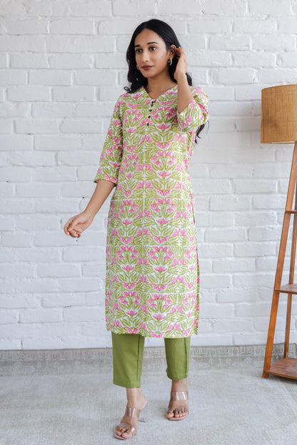 Green Pink Jaal Hand Block Printed Straight Kurta