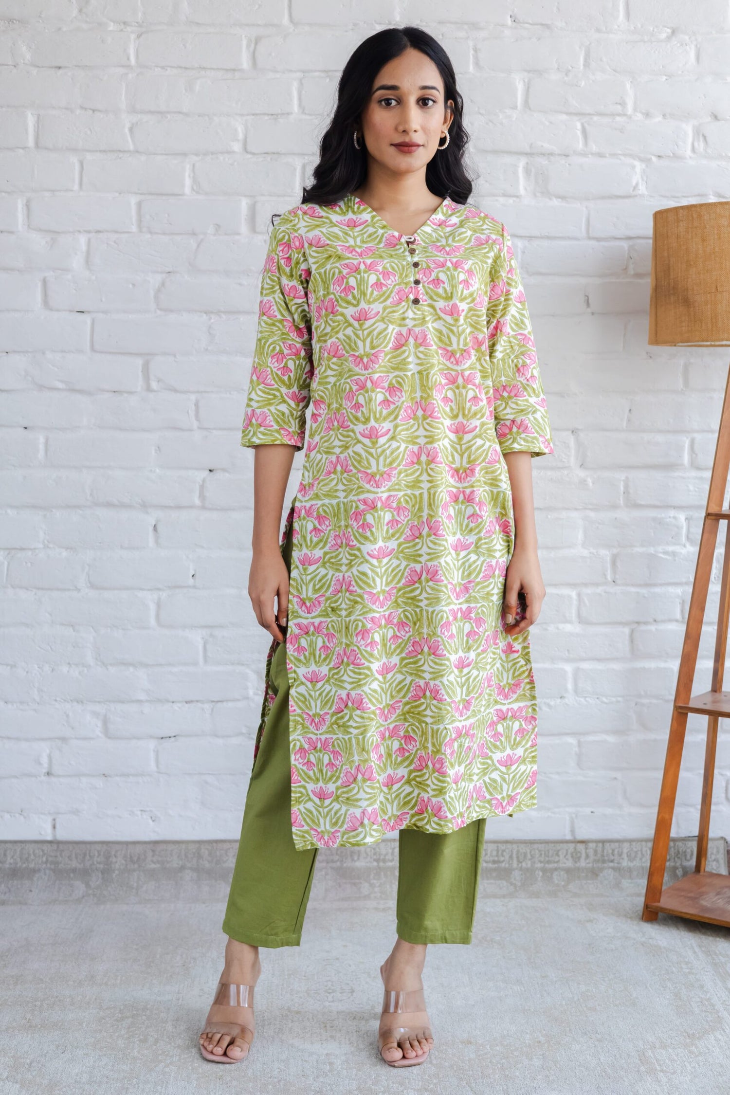 Green Pink Jaal Hand Block Printed Straight Kurta