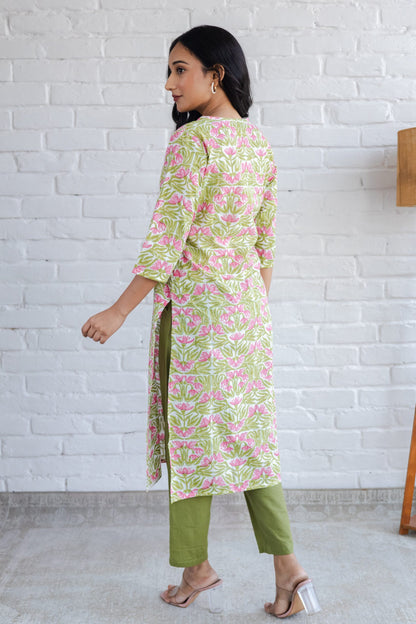 Green Pink Jaal Hand Block Printed Straight Kurta