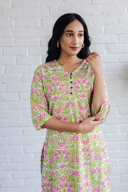 Green Pink Jaal Hand Block Printed Straight Kurta