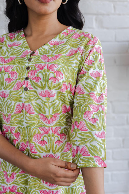 Green Pink Jaal Hand Block Printed Straight Kurta