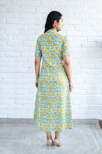 Blue Jaal Hand Block Printed A line Kurta