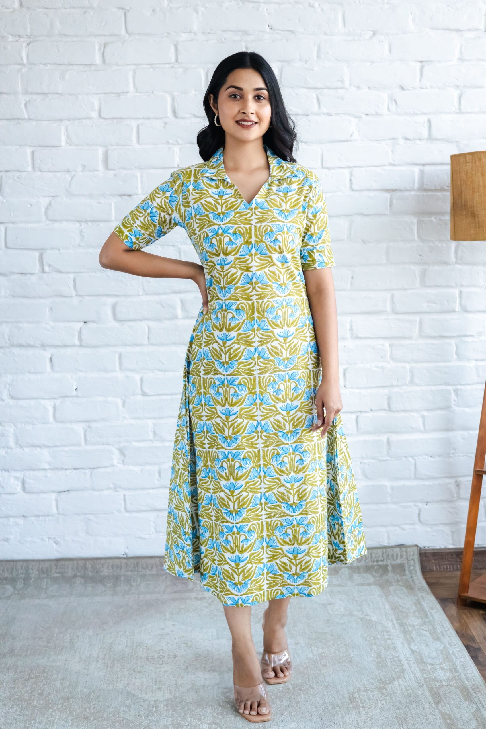 Blue Jaal Hand Block Printed A line Kurta
