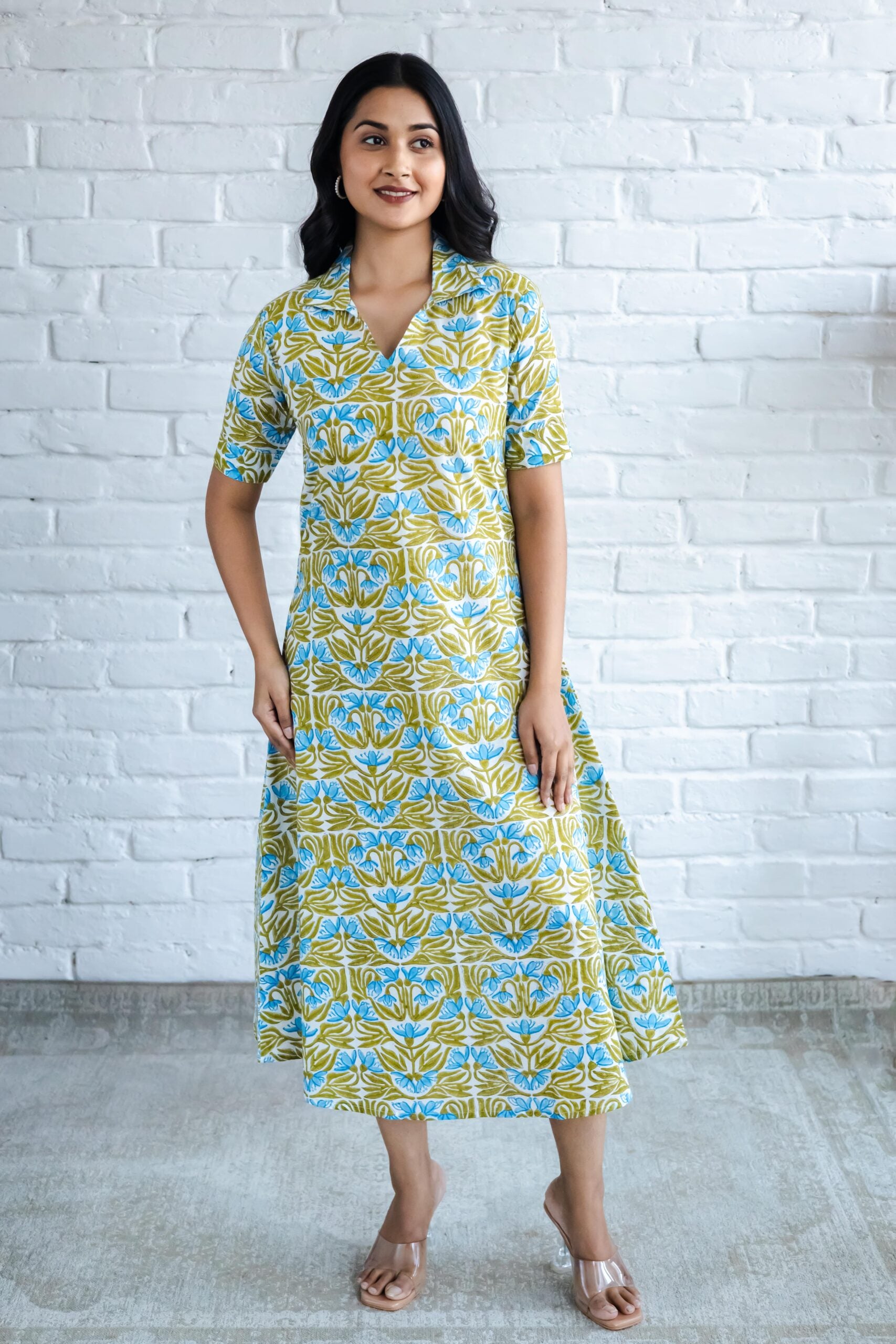 Blue Jaal Hand Block Printed A line Kurta