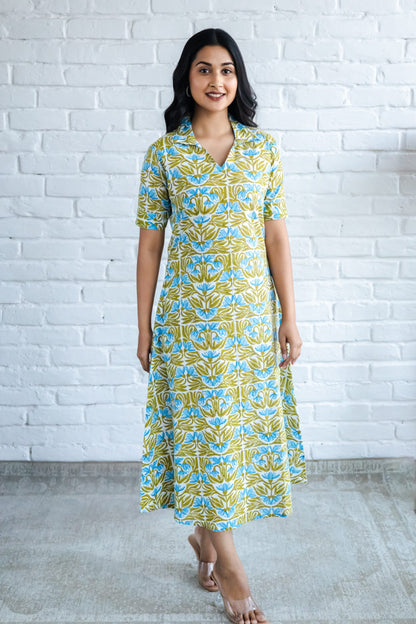 Blue Jaal Hand Block Printed A line Kurta