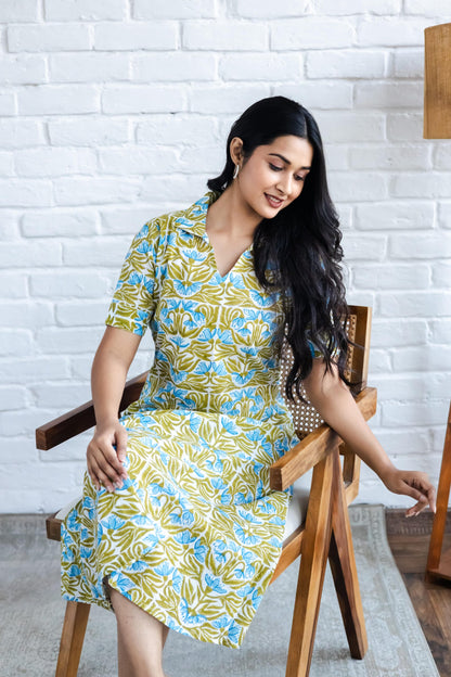 Blue Jaal Hand Block Printed A line Kurta