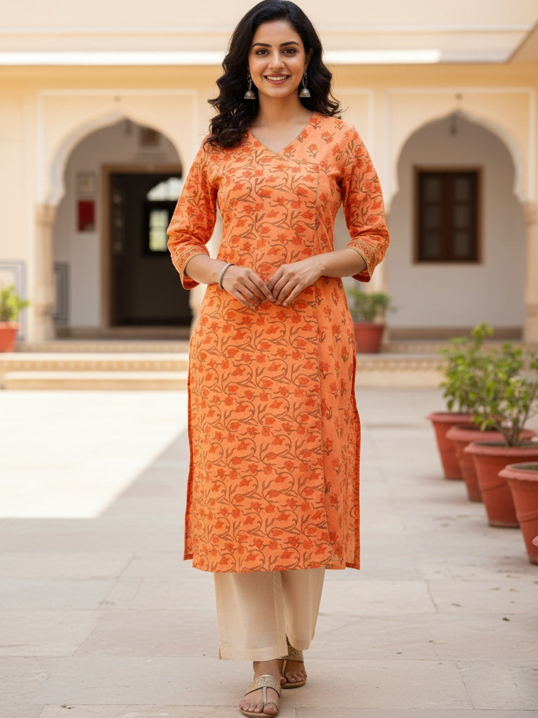 Peach Jaal Butti Hand Block Printed Straight Kurta