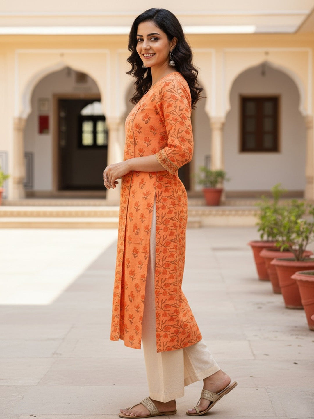Peach Jaal Butti Hand Block Printed Straight Kurta