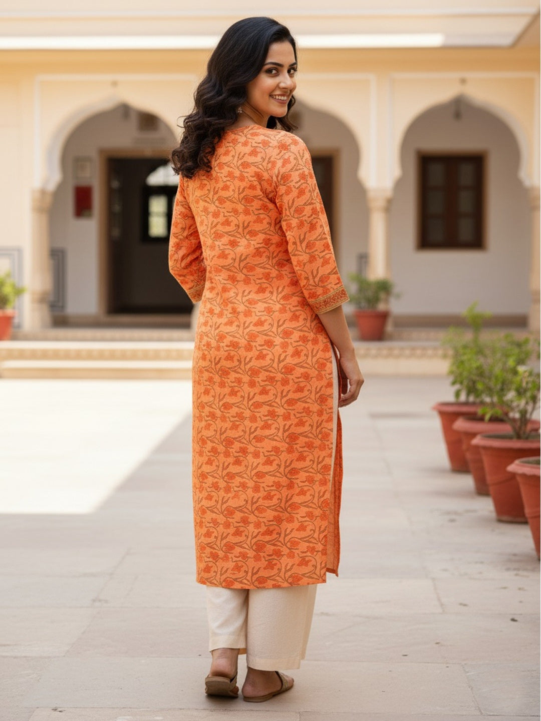 Peach Jaal Butti Hand Block Printed Straight Kurta