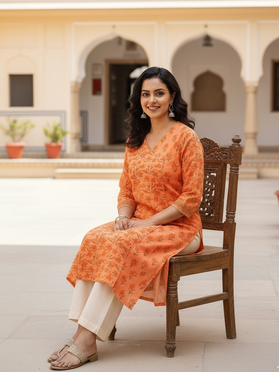 Peach Jaal Butti Hand Block Printed Straight Kurta