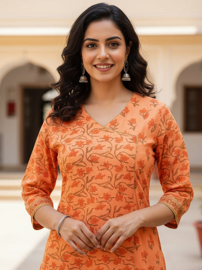 Peach Jaal Butti Hand Block Printed Straight Kurta